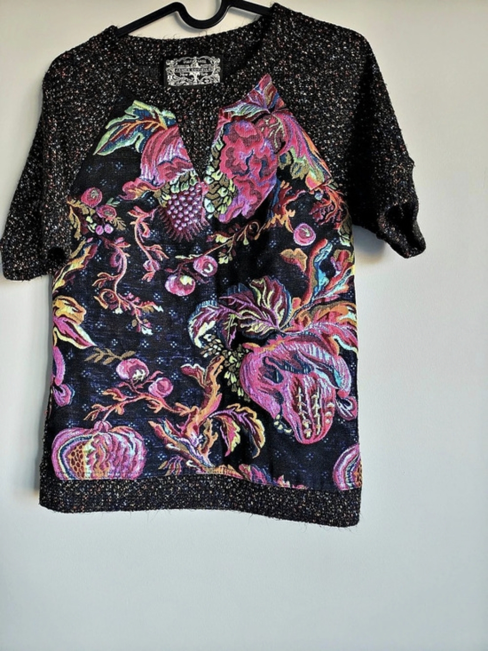James Coviello Brocade Spliced Sweater Shirt Floral Top Black & Pink XS